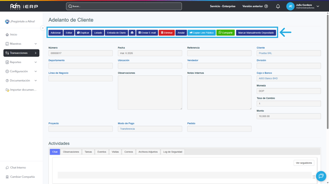 Acciones disponibles en la pantalla de consulta de un adelanto de cliente en Adm Cloud.