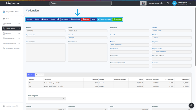 Presentación de las acciones en una cotización creada en Adm Cloud.
