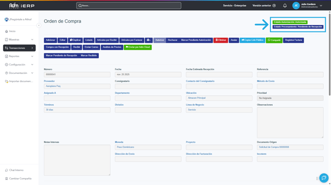 Estados de las órdenes de compra en Adm Cloud.