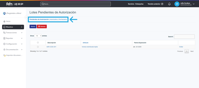 Presentación de los estados de los lotes en Adm Cloud.