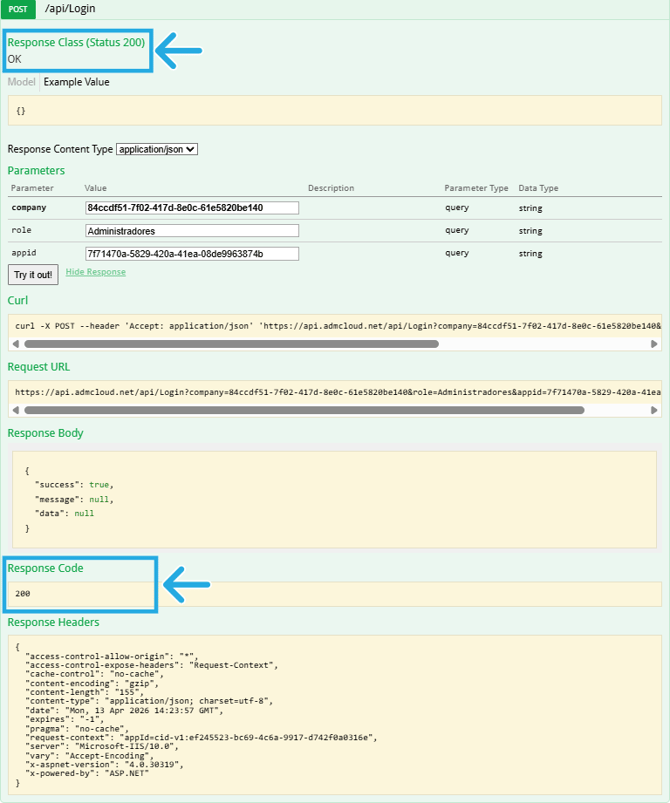 Ejemplo de respuesta exitosa en la llamada en Swagger del endpoint de login.