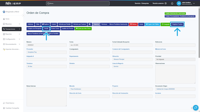 Opciones para facturar y recibir en la pantalla de consulta de una orden de compra.