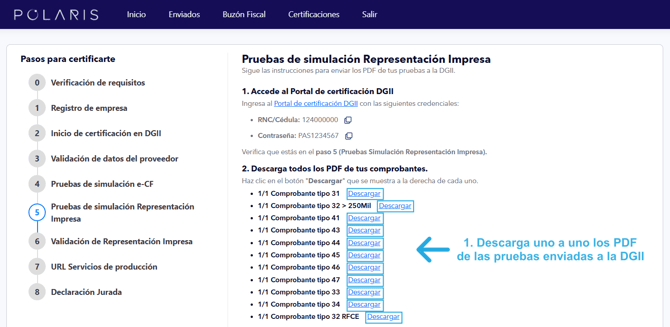 Pantalla del paso 5 en Polaris desde la que se descargan los PDF de los comprobantes de prueba enviados a la DGII