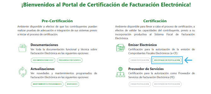 Pantalla de bienvenida del Portal DGII señalando la opción de ver estado de postulación