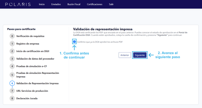 Pantalla del paso 6 en Polaris en la que el usuario confirma que la DGII aprobó las representaciones impresas