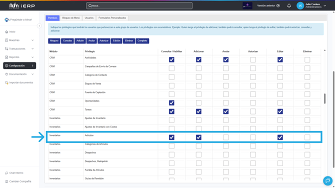 Permisos requeridos para gestionar artículos en Adm Cloud.