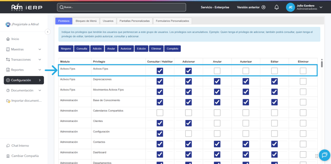 Permisos requeridos para gestionar activos fijos en Adm Cloud.