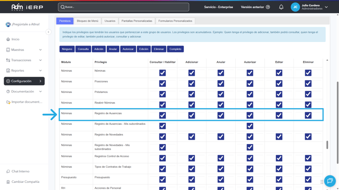Permisos requeridos para gestionar ausencias en Adm Cloud.