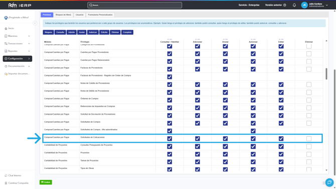 Permisos necesarios para gestionar solicitudes de cotización en Adm Cloud.
