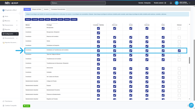 Permisos necesarios para gestionar solicitudes de transferencias de inventario en Adm Cloud.