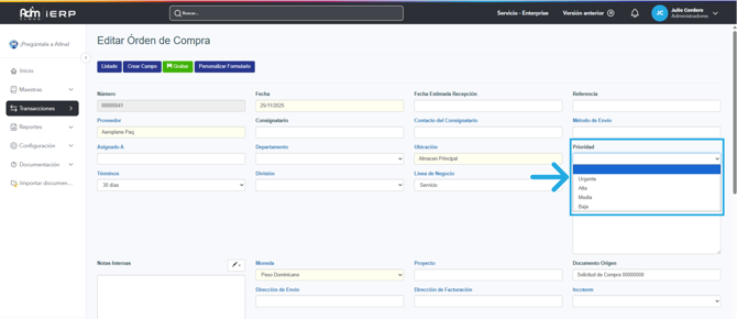 Prioridad en una orden de compra.
