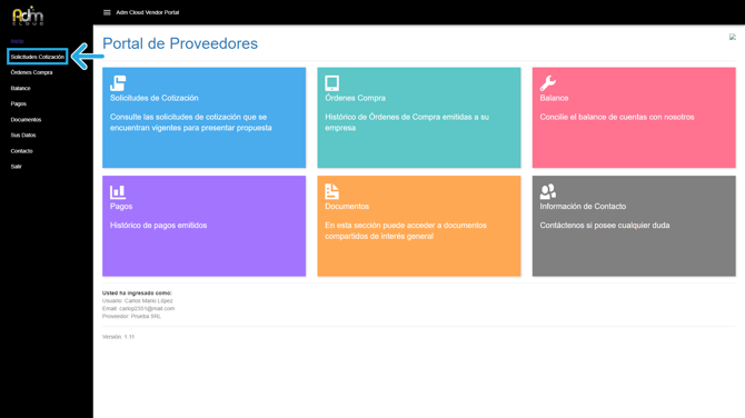 Solicitud de cotización desde portal de proveedores de Adm Cloud.