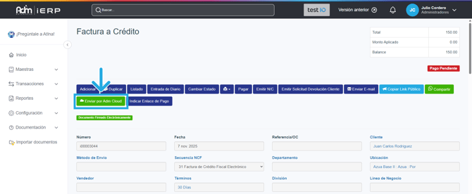 Pantalla de consulta de una factura a crédito señalando la opción de enviar por Adm Cloud.