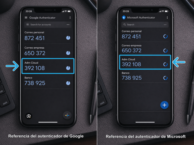 Referencias de los autenticadores de Google y Microsoft.
