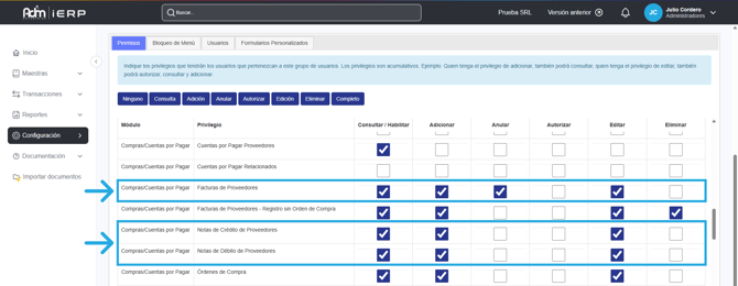 Permisos requeridos para editar documentos de compra en Adm Cloud.