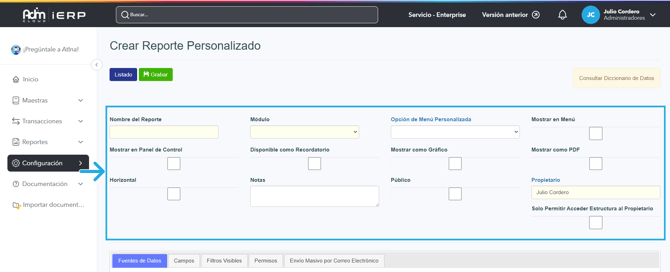 Sección de ubicación y visibilidad en el formulario de creación de un reporte personalizado en Adm Cloud.
