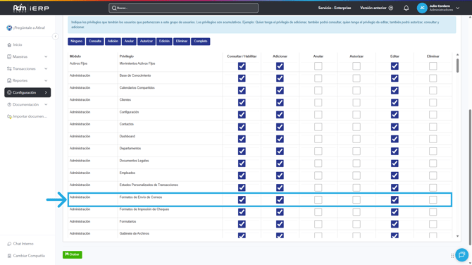 Permisos necesarios para gestionar los formatos de envío de correos en Adm Cloud.