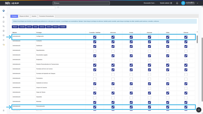 Permisos requeridos para personalizar formatos de impresión en Adm Cloud.
