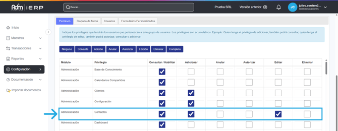 Permisos requeridos para crear un contacto en Adm Cloud.