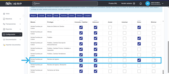 Permisos requeridos para gestionar recibos de ingresos en Adm Cloud.