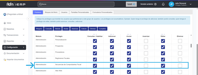 Permisos requeridos para gestionar las secuencias fiscales en Adm Cloud.