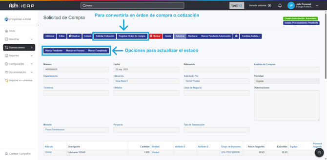 Opciones para gestionar una solicitud de compra desde la pantalla de consulta.