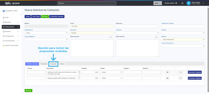Sección de propuestas en una solicitud de cotización.