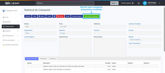 Opción de seleccionar proveedores desde una solicitud de cotización.