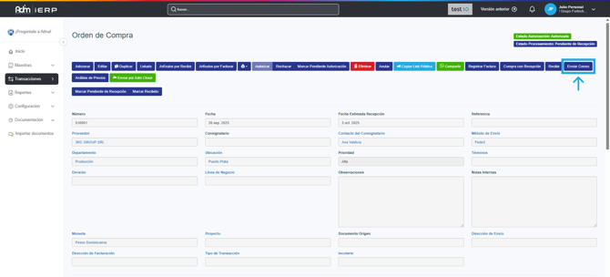 Opción de enviar correo desde una orden de compra.